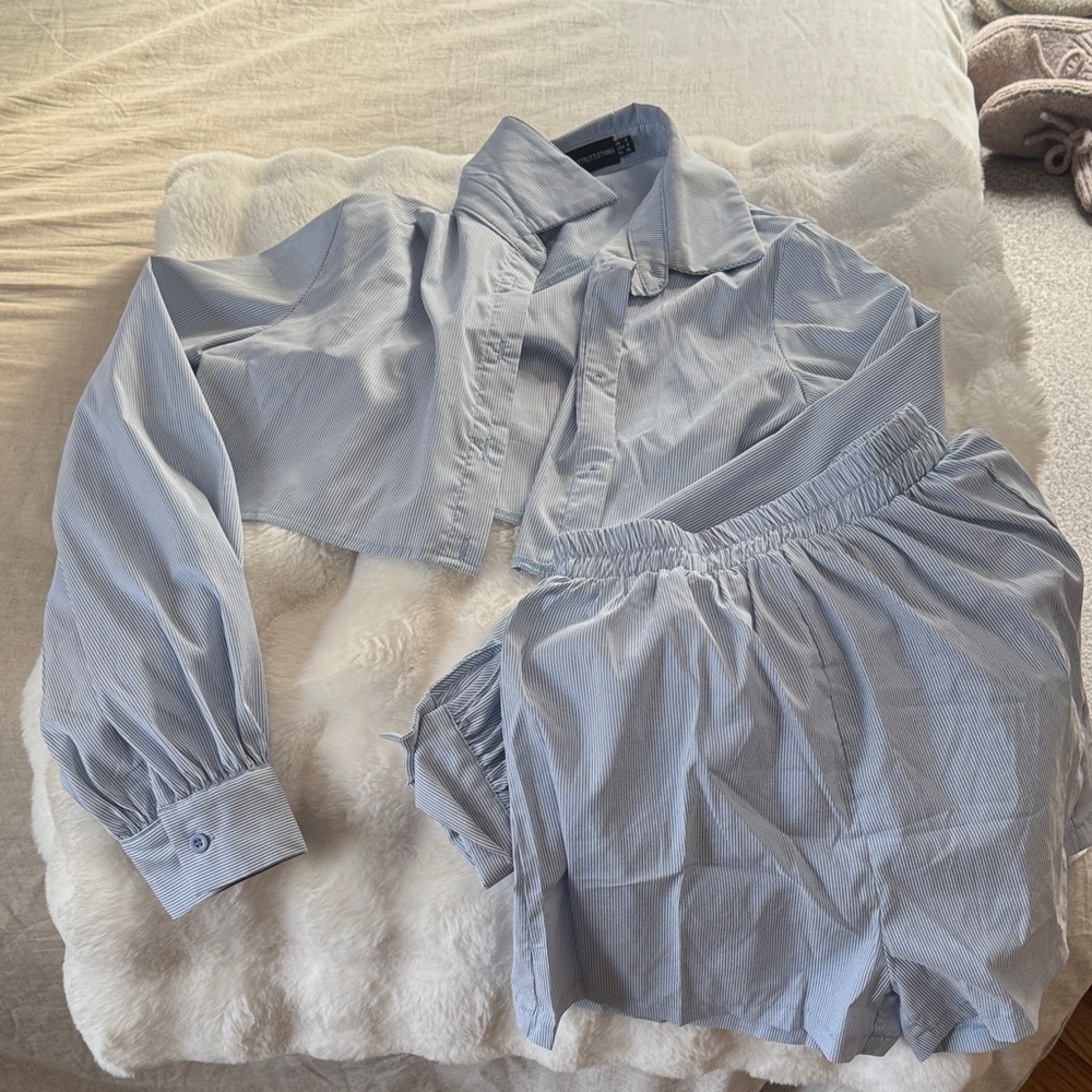 Blue Striped Crop Shirt and shorts Set